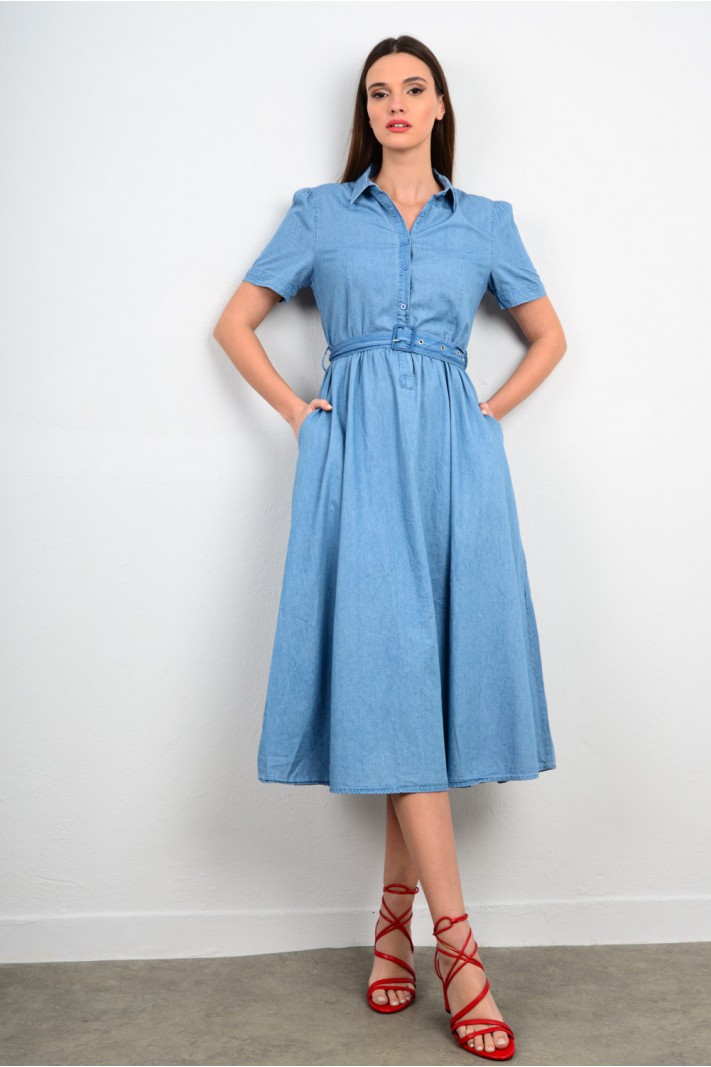 Φόρεμα μίντι τζιν με μανίκια ζώνη και τσέπες σε άλφα γραμμή μπλε