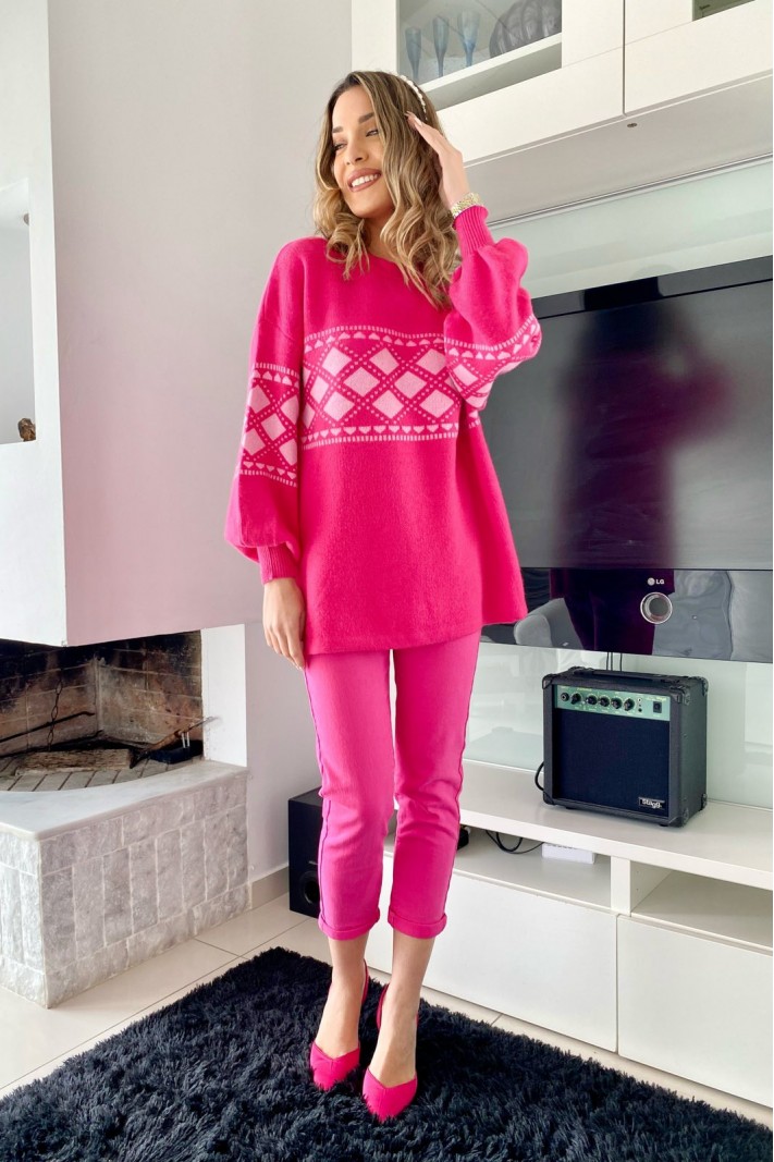 Oversized πουλόβερ με σχέδιο φούξια/ροζ