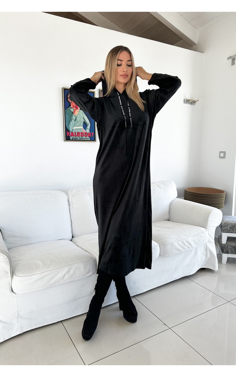 Oversized φόρεμα βελουτέ με κουκούλα μαύρο