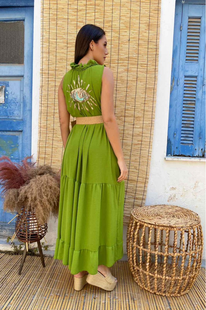 Φόρεμα μακρύ αμάνικο με χειροποίητη στάμπα παγιέτες πράσινο ανοιχτό