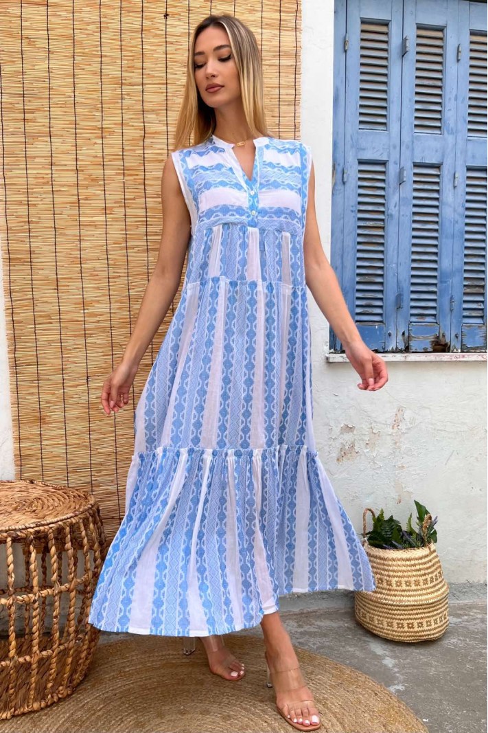 Oversized φόρεμα μακρύ boho αμάνικο μπλε/άσπρο
