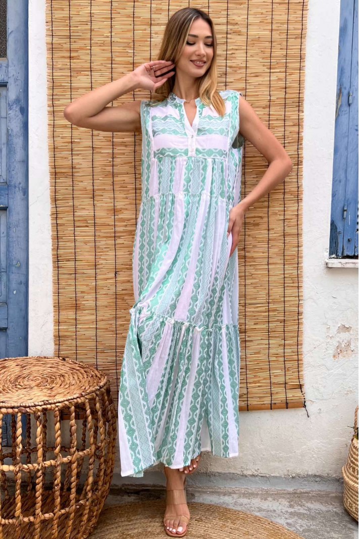 Oversized φόρεμα μακρύ boho αμάνικο πράσινο/άσπρο