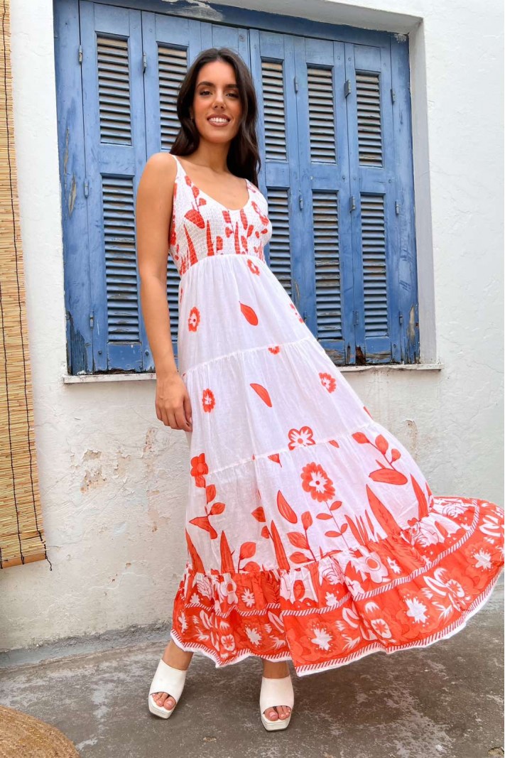 Φόρεμα μάξι φλοράλ με τιράντες άσπρο/πορτοκαλί