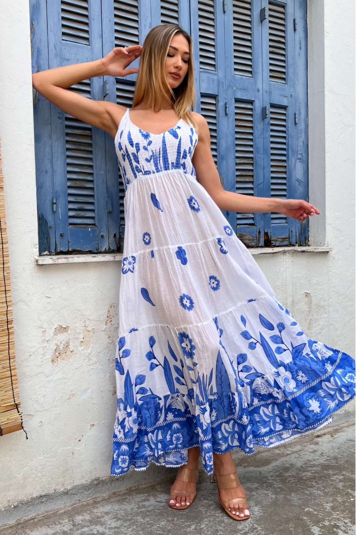 Φόρεμα μάξι φλοράλ με τιράντες άσπρο/μπλε