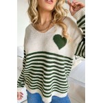 Oversized πουλόβερ ριγέ με καρδιά και v λαιμό πράσινο/μπεζ