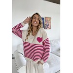 Oversized πουλόβερ ριγέ με καρδιά και v λαιμό φούξια/μπεζ