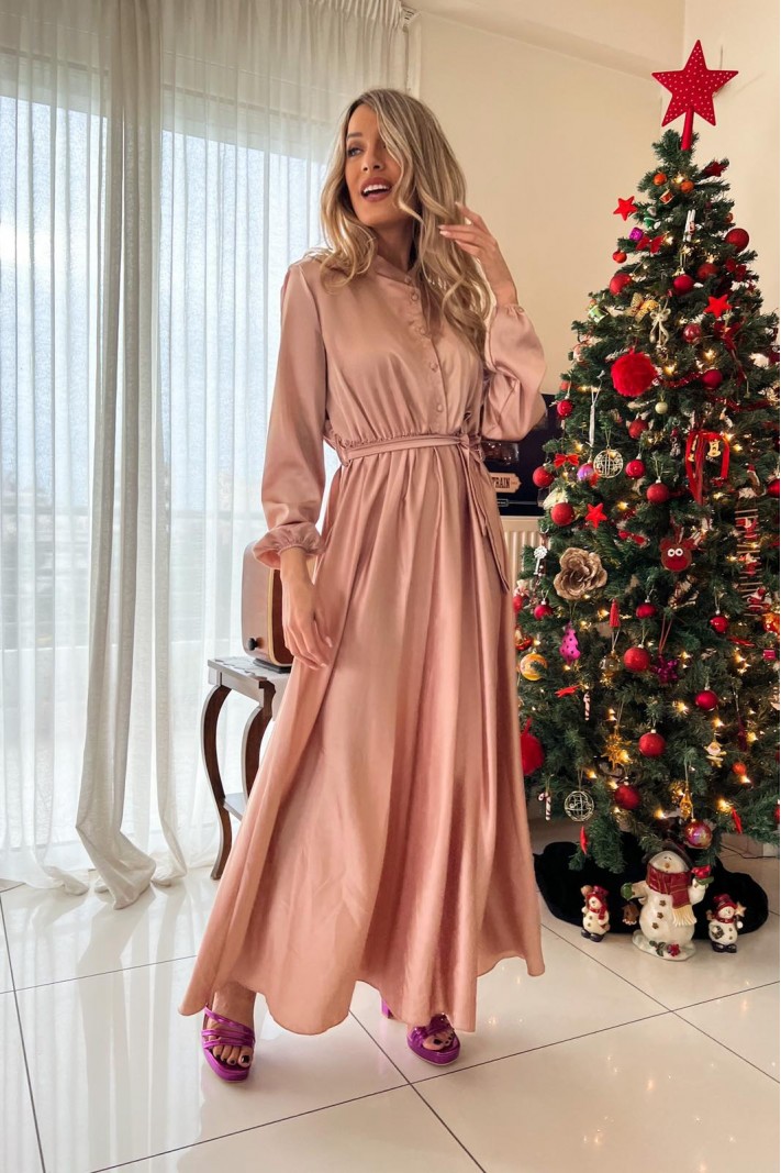 Φόρεμα μάξι σατέν με κουμπιά και ζώνη dusty pink Limited Edition